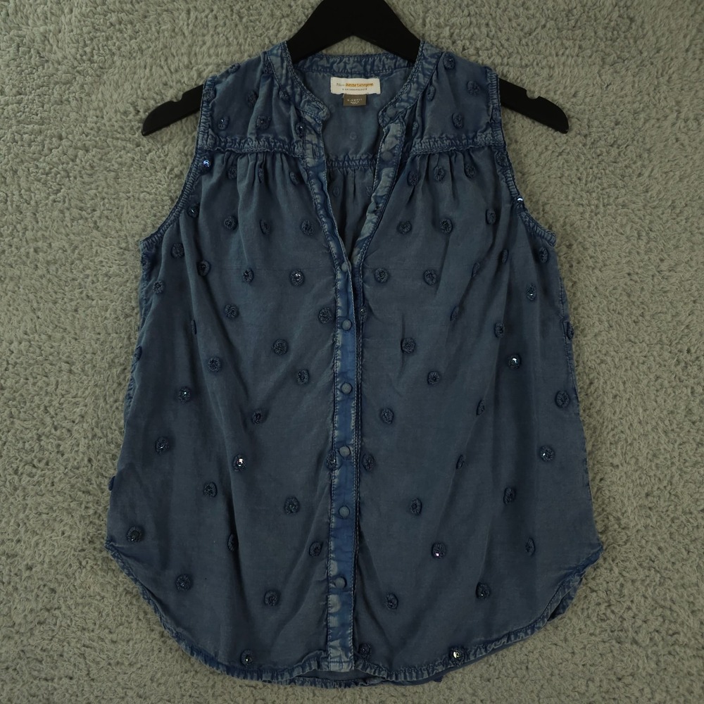 Picro Shirt Womens XS Washed Blue Adira Textured Sequin Sleeveless Button Up Top
